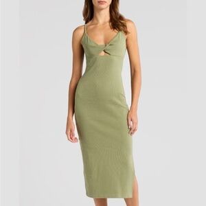ROXY Wavey Lady Dress Oil Green Olive Green Spaghetti Strap Midi Dress Cutout XS